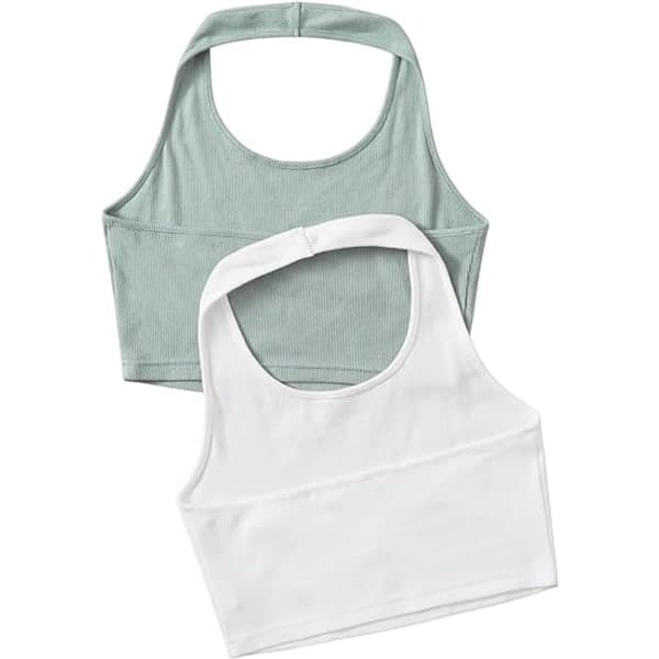 IC Damer 2-pak Basic Ribbstickad Crop Halter Top Ærmeløs Vest (LARGE)