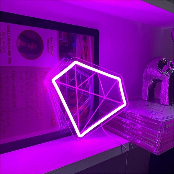 IC Diamantformet Neon-skilt LED-modellys Lysende bogstaver skilt Akrylpanel Neon dekorativt lys, 26X24cm, lilla (Farve: lilla)