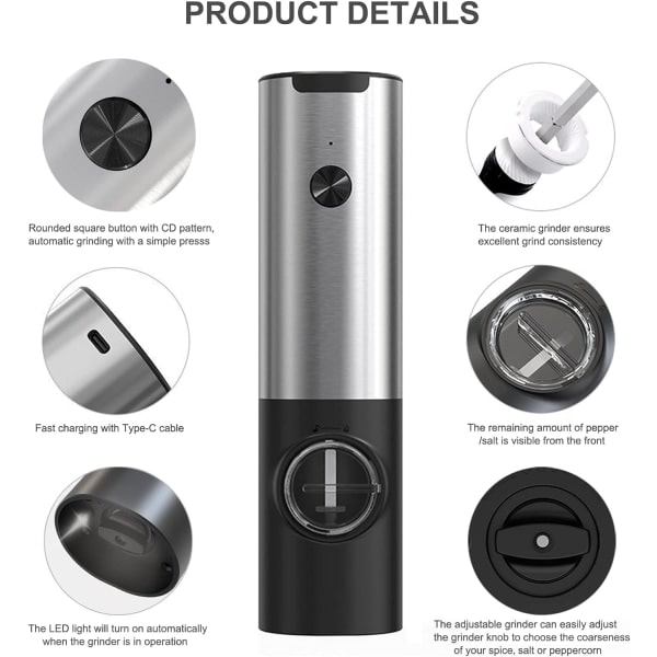 IC USB-oppladbare elektrisk pepperkvern Justerbar Grovhet elektrisk salt- og pepperkvern Automatisk krydderkvern med LED-lys, holdbart skall