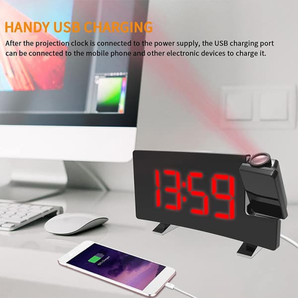 IC Digital väckarklocka, projektionsväckarklocka för sovrum med 4 dimmer, USB-telefonladdare, 180° roterbar projektor, svart + röd text