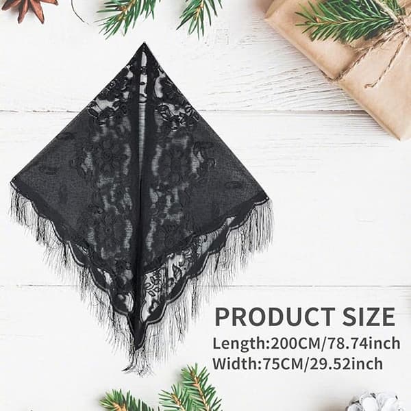 Dame blonde tørklæde sjal, trekantet netkappe med kvaster, polyester wrap til bryllupper og fester, sort og hvid, 200 x 75 cm