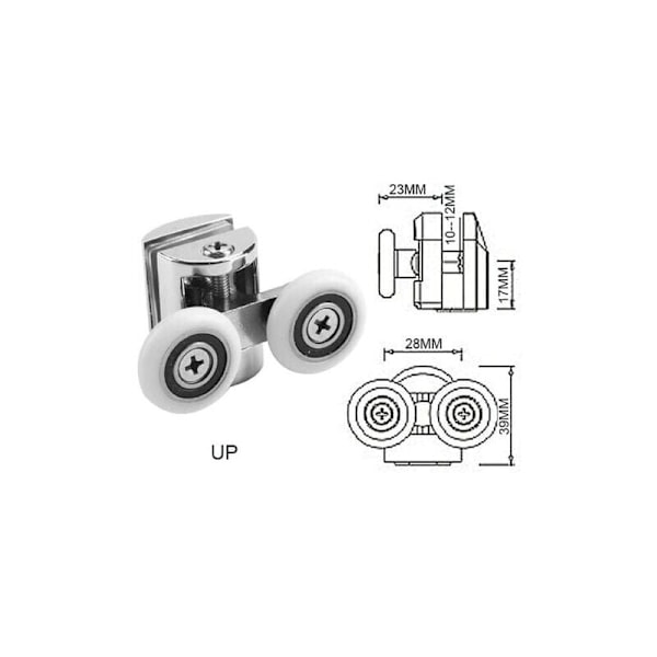 Sett med 4 doble ruller - for skyvedusjdør, 2 hjul 23 mm diameter sinklegering bad..DEBUNS