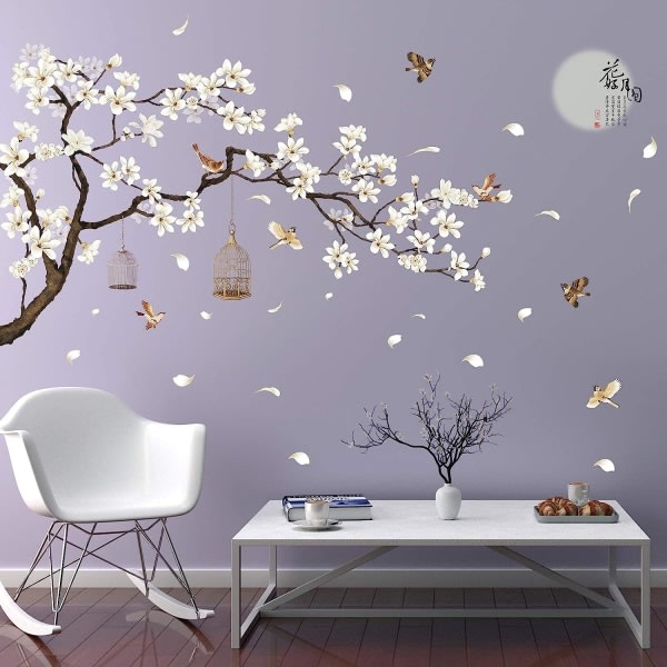 IC Avtagbara DIY romantiska varmvita körsbärsblommande träd och blommor Väggdekal 3D väggkonstklistermärken Väggmålningar Heminredning för barn