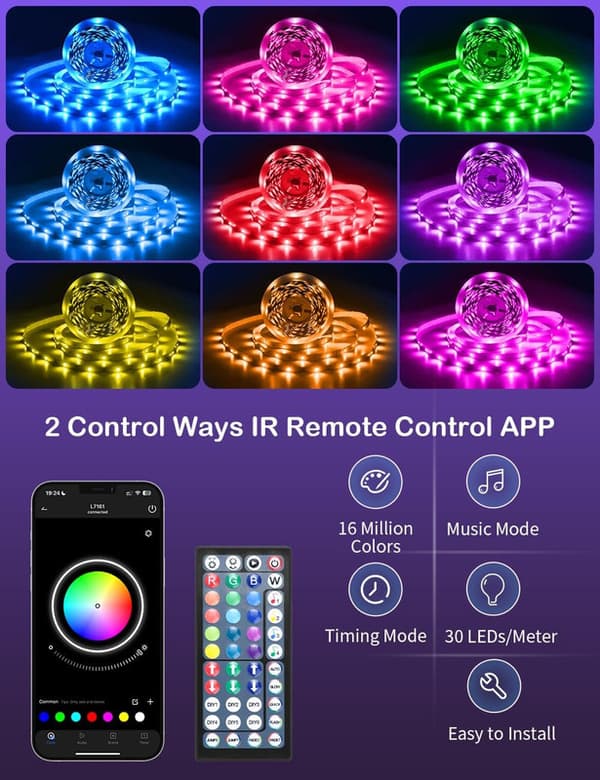 LED-stripe 20M, RGB 5050 LED-striper, 30 LEDer / meter, app- og fjernkontroll,