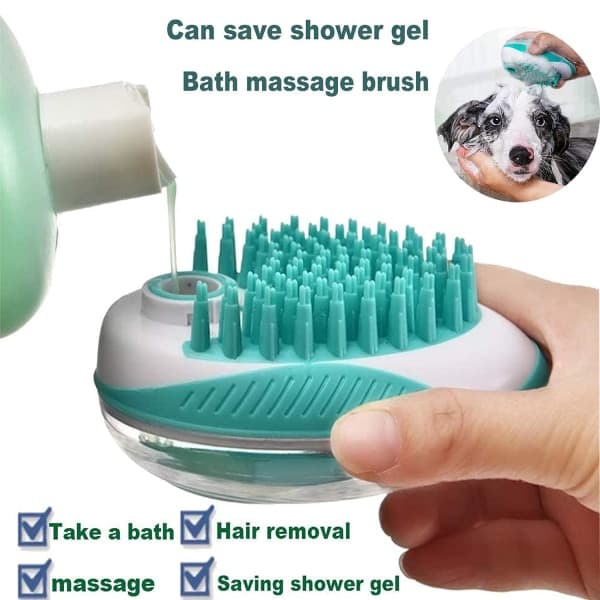 IC 2-i-1 husdjursborstebadmassageborste, schampodispenser för husdjursvård, avfall, mjuk silikonborste, perfekt.