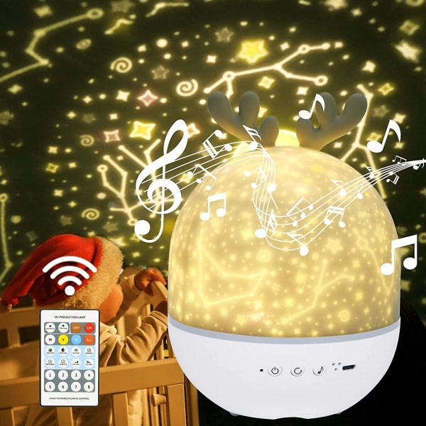Børnenes Natlys Projektor Stjernelampe, 360 Rotation Musik + Timer + Fjernbetjening, 6 Farver, LED Lys, Fawn