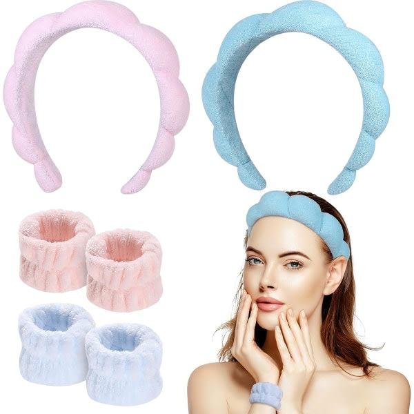 IC Spa Pannband, 2st Makeup Pannband med 4st Ansiktstvättarmband Mode Mjukt hårband Halkfritt Frotté Pannband (Rosa+Blå)