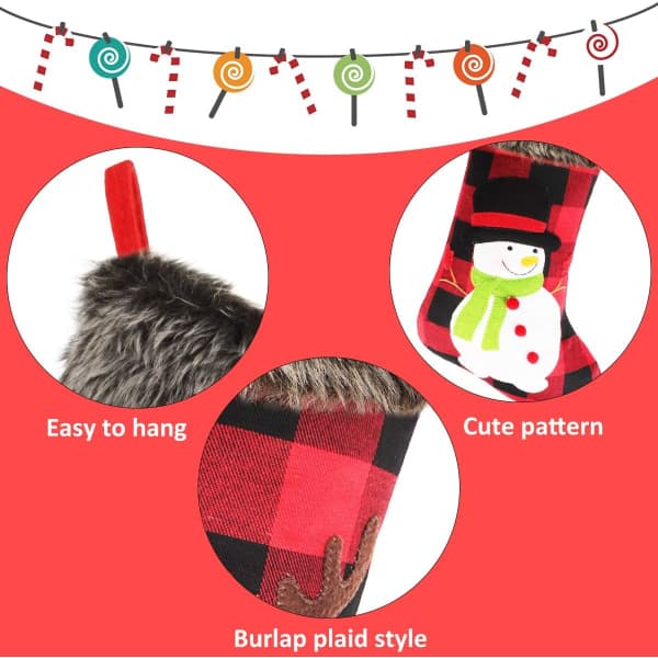 Julstrumpor 4-pack, 18\" rutiga julstrumpor, säckvävstil med tomte, snögubbe, renar och julgran