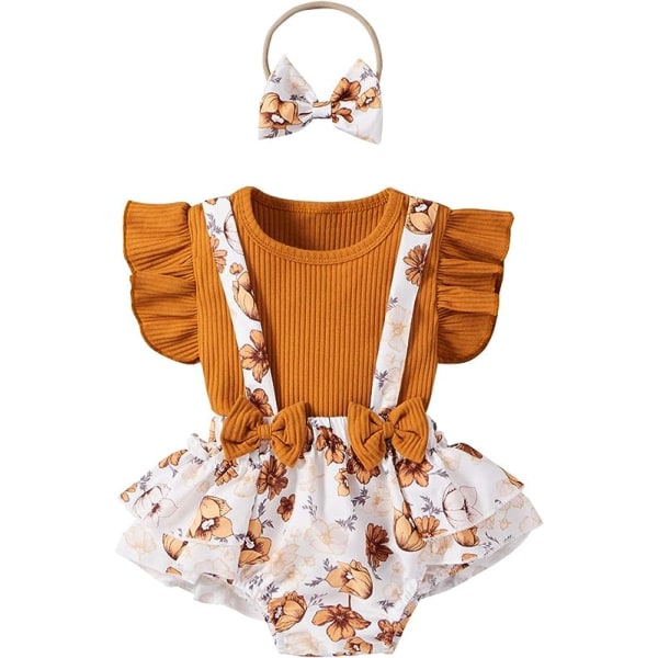 IC Baby flickor sommarkläder set med volangärm topp T-paita blommig hängselshortsit Pannband (brun，70 cm）