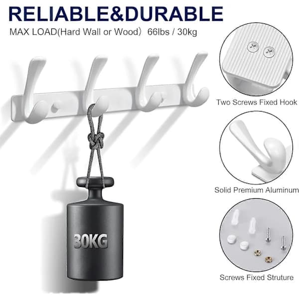 Wall Mounted Hook - Heavy Duty Wall Mounted Coat Rack in Solid Aluminum - Screws Attached Wall Hooks for Hat Towel Robes White White White