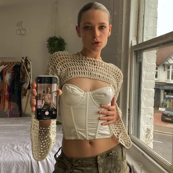 IC Kvinder Strikket Hollow Out Crop Top Lang Flared Shrug Sweater Sort