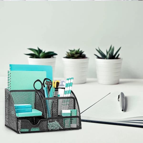 Mesh Desktop Organizer, Multifunctional Desk Storage & Pen Holder with 6 Storage Compartments and 1 Pull-out Drawer Black Black
