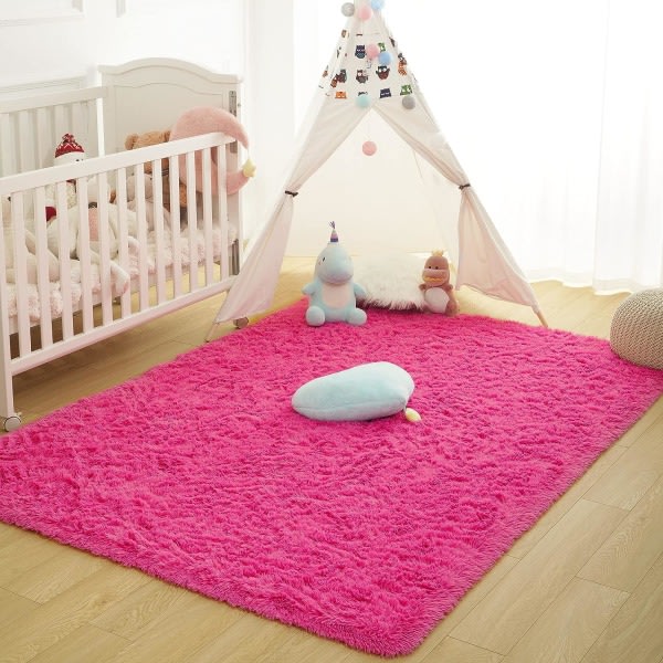 IC Mjuka fluffiga mattor för sovrum för barnrum Plysch Shaggy barnkammare matta lurviga mattor-(rosa 40*60 cm)
