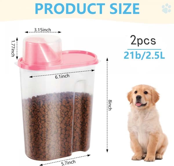 Lufttæt opbevaringsbeholdersæt til kæledyrsfoder med målebægerlåg, 2-pak 2,5L ABS tørfoderbeholder til hunde og katte, pink 25x15x8 cm