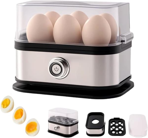 Elektrisk eggekoker for 6 egg, én-knapps kontroll, automatisk avslåing, bløtkokte, mediumkokte og hardkokte egg til frokost og måltidsforberedelse