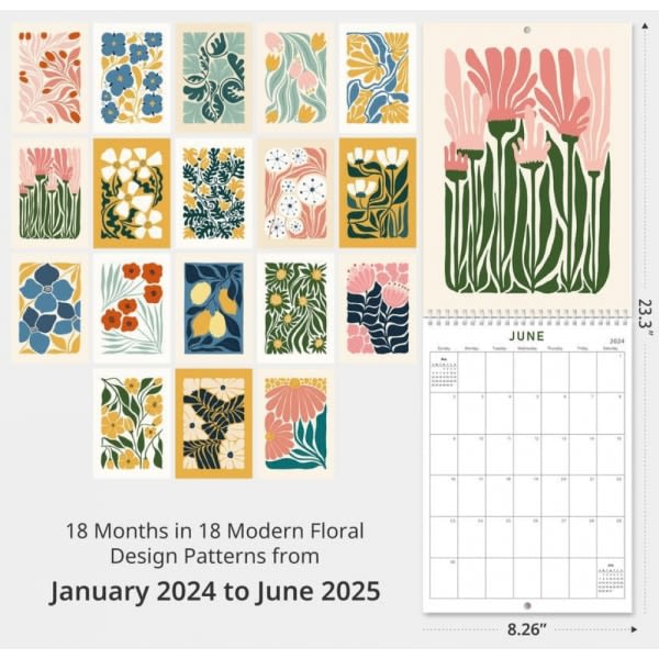 2024-2025 Abstrakt konstväggkalender – A4-størrelse (8,3" x 11,7"), 18 måneder med Bright Flower Design, januar 2024 til juni 2025