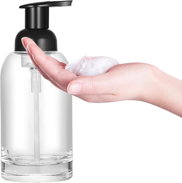 Sæbedispenser i glas - Sæt med 2 - 375 ml - Skumpumpe til skumsæbe - Sort pumpe - Transparent