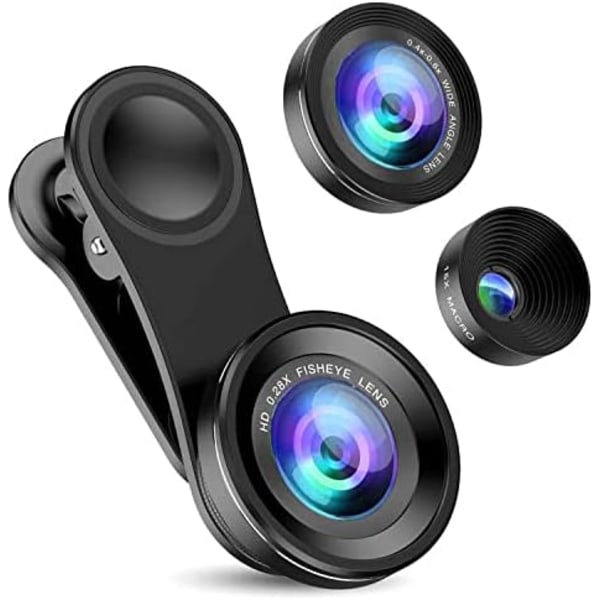 IC Telefonkameraobjektiv, 0,4X vidvinkelobjektiv, 180 Fisheye och 10X makroobjektiv (sammanskruvade), älypuhelimet, täydellinen esittäjä