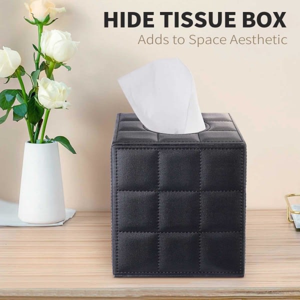 IC Square Leather Tissue Box Holder - Snygg tissue box hållare i enfärgad med magnetisk bas och PU-läder exteriör för byrå, bil - Svart