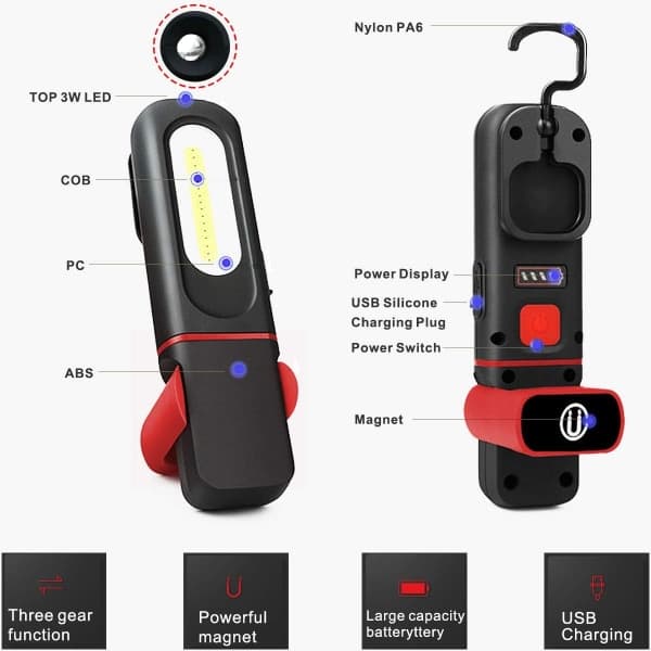IC Oppladbart LED-arbeidslys, 2-i-1 inspeksjonslampe med 360° rotasjon