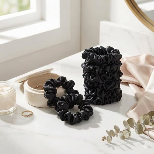 6-pak sorte satin scrunchies til kvinder, bløde silkebløde elastiske hårelastikker, skånsomme brede hårbånd til hestehaler, knolde, daglig brug og fest