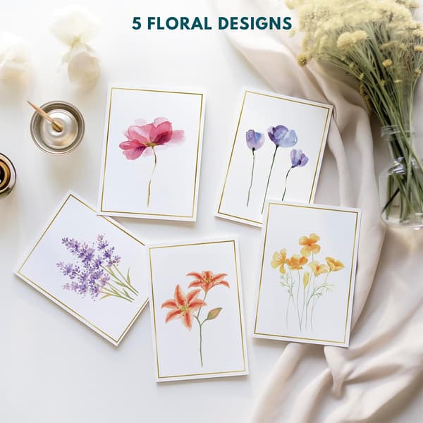30 blanke gratulasjonskort med konvolutter - 5 blomsterdesign - Gullfoliedekorasjon - 10x15cm