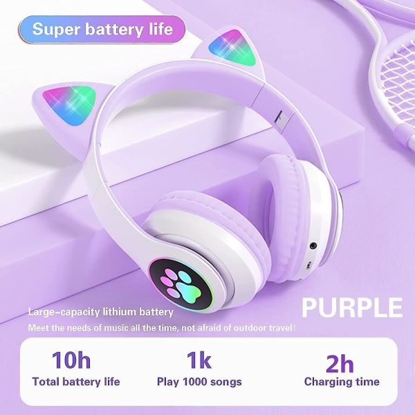 Foldbare Bluetooth-hovedtelefoner, Cat Ear Led Light Up Trådløse børnetelefoner, 10 timers spilletid, børnetelefoner med mikrofon over øret til skolen null none