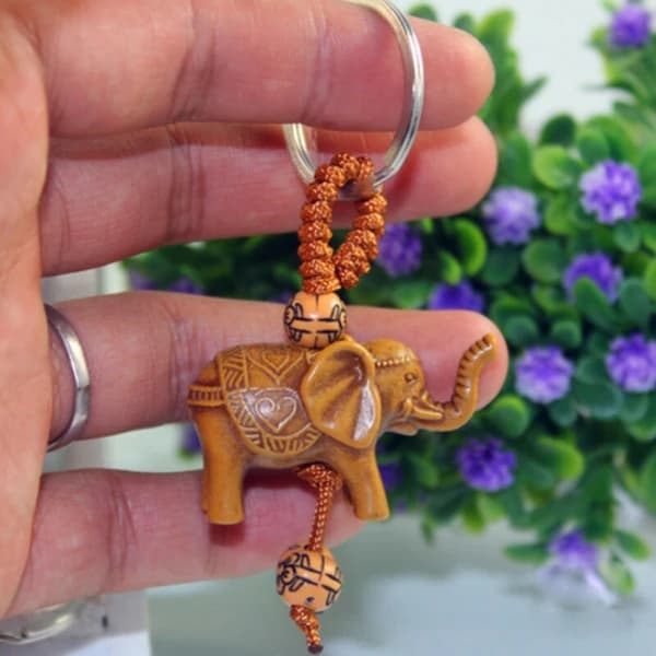 Lucky Elephant Carving Wood Pendant Keychain Keyring Protects Against Evil Gift