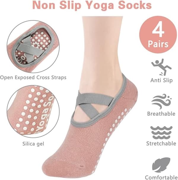 4 par skridsikre yogasokker til kvinder - Pilates, balletstrømper - bomuld, lukket tå - grå, pink, lilla, sort