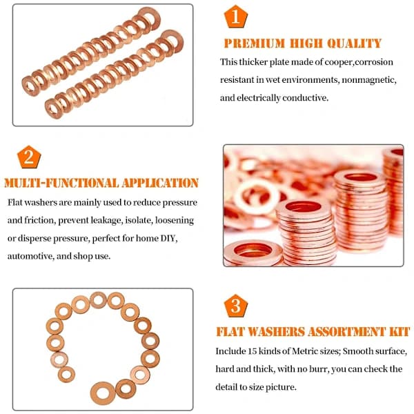 200 Pcs Flat Copper Washers Assortment Set M5-M14 O-ring Copper