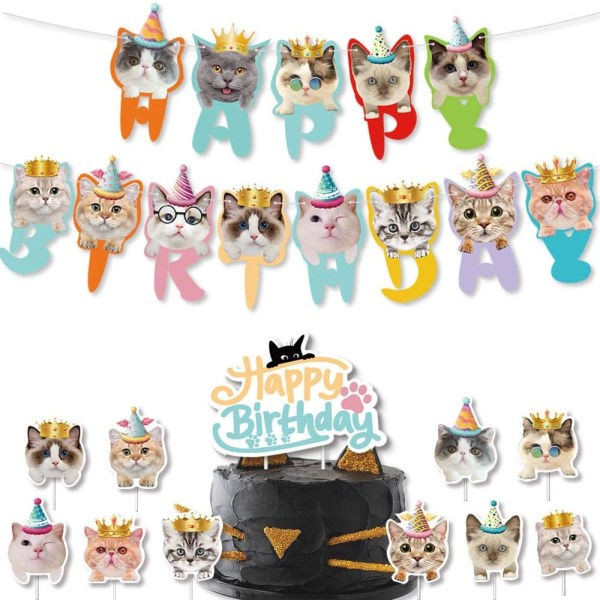 IC Kattfestdekorationer Söt katt Födelsedagsfesttillbehör 32 st Meow Husdjursdekorationer för Flickor Pojkar Födelsedagsballonger