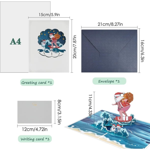 IC 3D Pop Up Card Julkort, vakkert jultomte gratulationskort med kuvert (surf) farge 2