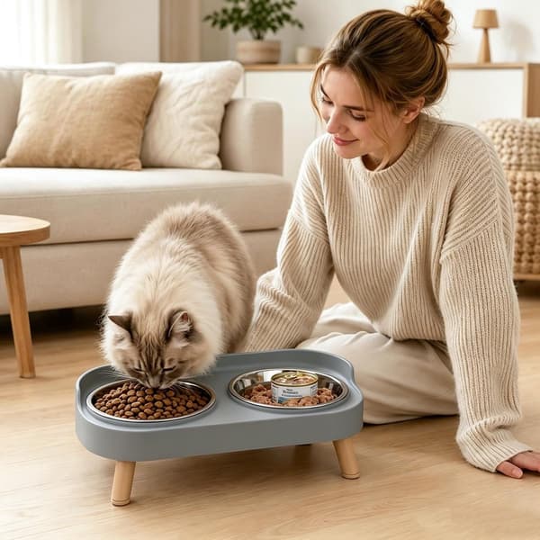 Forhøjede katteskåle med anti-spild stænkskærm, hævet kattefoder- og vandskålsæt i rustfrit stål, \"knurhår-venlig\", grå, til katte og små hunde