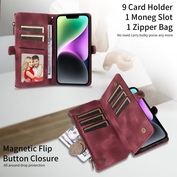 IC Apple iPhone 15 -kotelo vetoketjulla, puhelinkotelo, lompakko, punainen iPhone 15 Pro Max