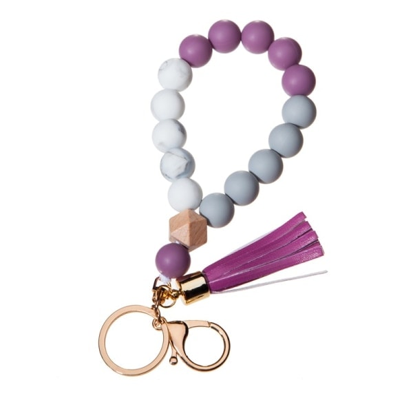 Silikoninen avaimenperä ranneke Wristlet Avaimenperä Ainutlaatuinen helmiranneke avaimenperät nahka-tupsulla Anti-kadonnut avaimenperä (violetti) Q IC