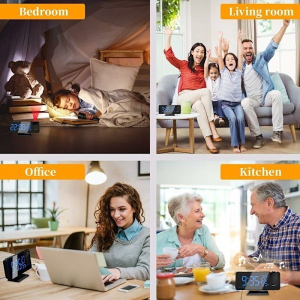 Projektor Väckarklocka med Radio, Digital Klocka, USB Väckarklockradio med Dubbla Alarm och 7 LED Spegelskärm (Blå Text), av DEBUNS