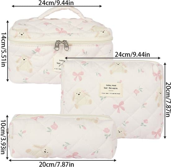 Skycases 3-pak makeuptaske sæt, quiltede kosmetiktasker i bomuld med lynlås, blomstrede rejsetoilettasker til kvinder, pink