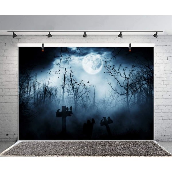 IC 7x5 fod Mån Natt Halloween Kirkegård Baggrund Flyvende Flagermus Fugle Stående på Gravstedskorset Kirkegård Mennesker Ingen Mennesker Sted