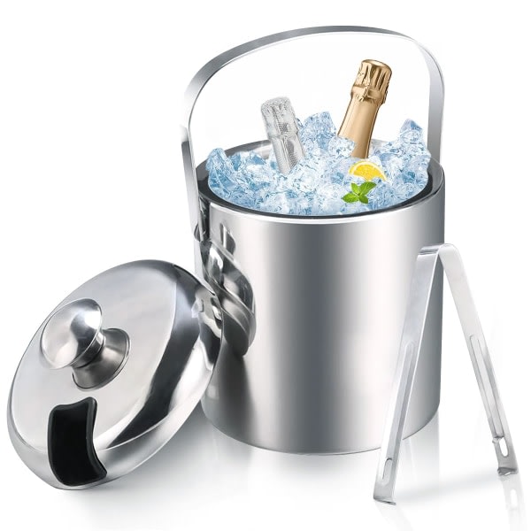 1,3L Ishink, Dobbelt Isoleret Ishink i Rustfrit Stål med Låg og Isstang, Perfekt til Fester, Cocktailbarer, Køling af Vin