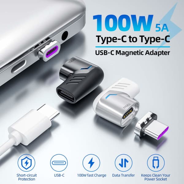 IC Magnetisk USB C-adapter (2-pack) Typ C-kontakt Högervinkelstöd USB PD 100W Snabbladdning