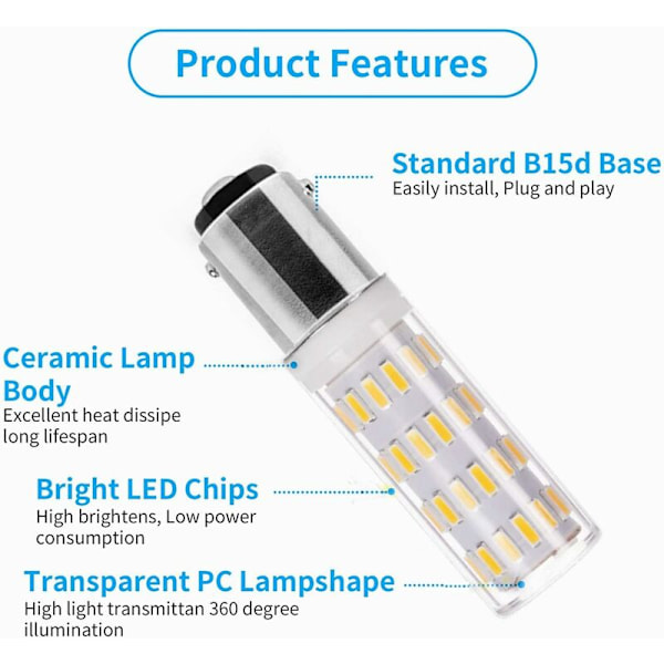 Ba15d LED Pære 5W 12V-24V, Bajonet Dobbelt Kontakt Pære, 50W Ækvivalent Varm Hvid 3000K, til Belysning Lavspændingsudstyr, Pakke med 2