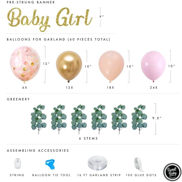 IC Sweet Baby Co. Baby shower for flickor med rosa ballongbågsgirlander, baby