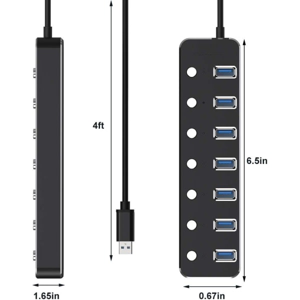 IC USB-hubi, USB 3.0 Alumiini Data Hubi yksittäisillä virtakytkimillä ja LED-valoilla kannettavalle tietokoneelle (4 jalkaa / 120 cm) (7 porttia)