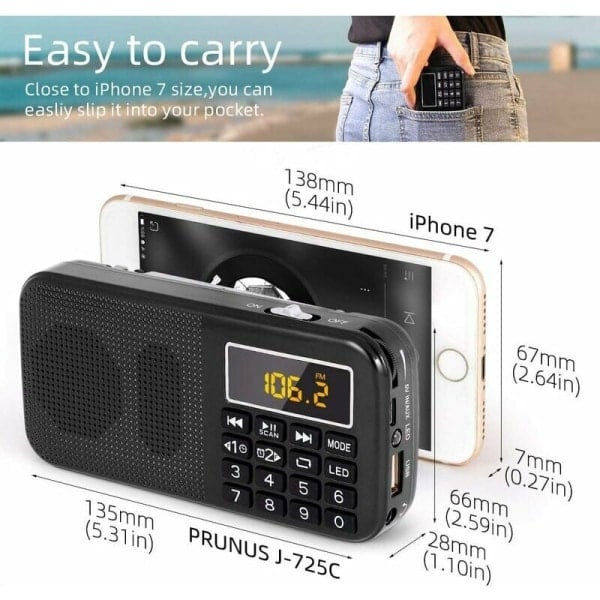 IC Kannettava radio, FM-radio, suurikapasiteettinen latautuva akku (3000mAh), tukee MP3 / SD / USB / AUX, musta
