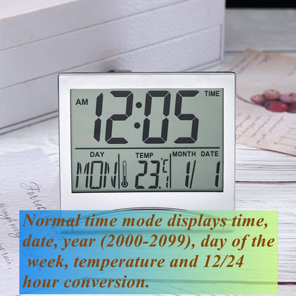 Digital LED väckarklocka med kalender, termometer, snooze-timer, hopfällbar resebordsklocka för hemmakontor, resor, silver