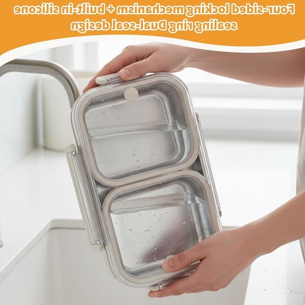 Lekksikker Bento-matboks 1000 ml, 304 rustfritt stål med 3 rom, bærbar matbeholder for voksne og barn, beige