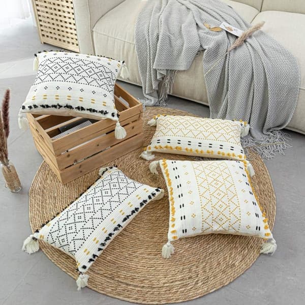 IC Boho Geometrisk Kuddfodral med fransar Tuftade vävda Dekorativa Kuddfodral för Soffan Sovrum Vardagsrum (Svart, 12\"x20\")