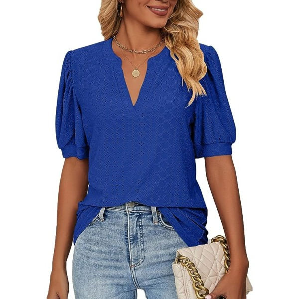 IC Dame Casual V-hals T-skjorte Puff Kortærmet Sommer Topper Tunika Bluser (Store)
