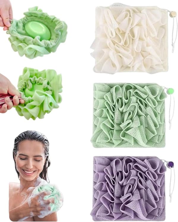 3-pak - Loofah - 2-i-1 - badebold - Netbadebold - dobbeltpakke - eksfoliering - Velegnet - blødgørende - Hvid - Grøn - lilla
