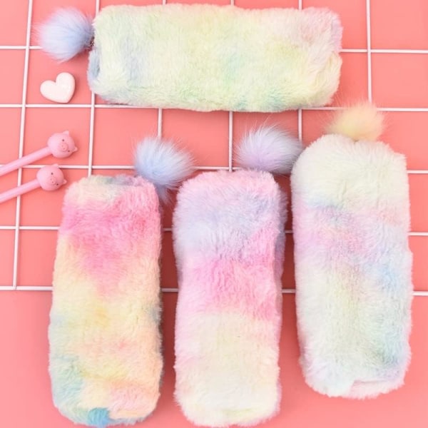 IC 2 ST Plysj Regnbue Etui for Jenter Fluffy Etui Søt Regnbue Penneholder Mykt Etui Fluffy Pennveske Sminkepung Barn